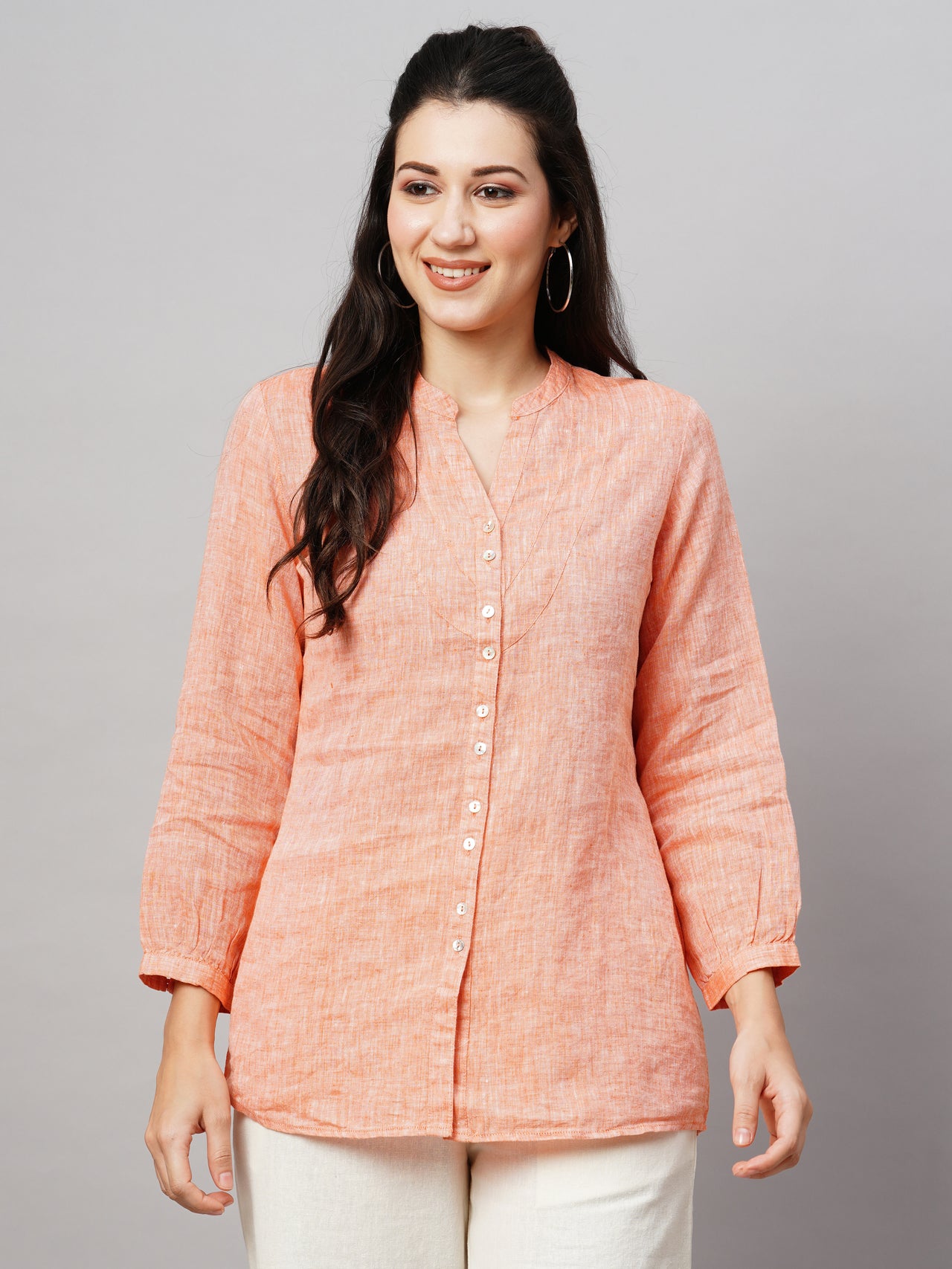 Women's Orange Linen Regular Fit Blouse