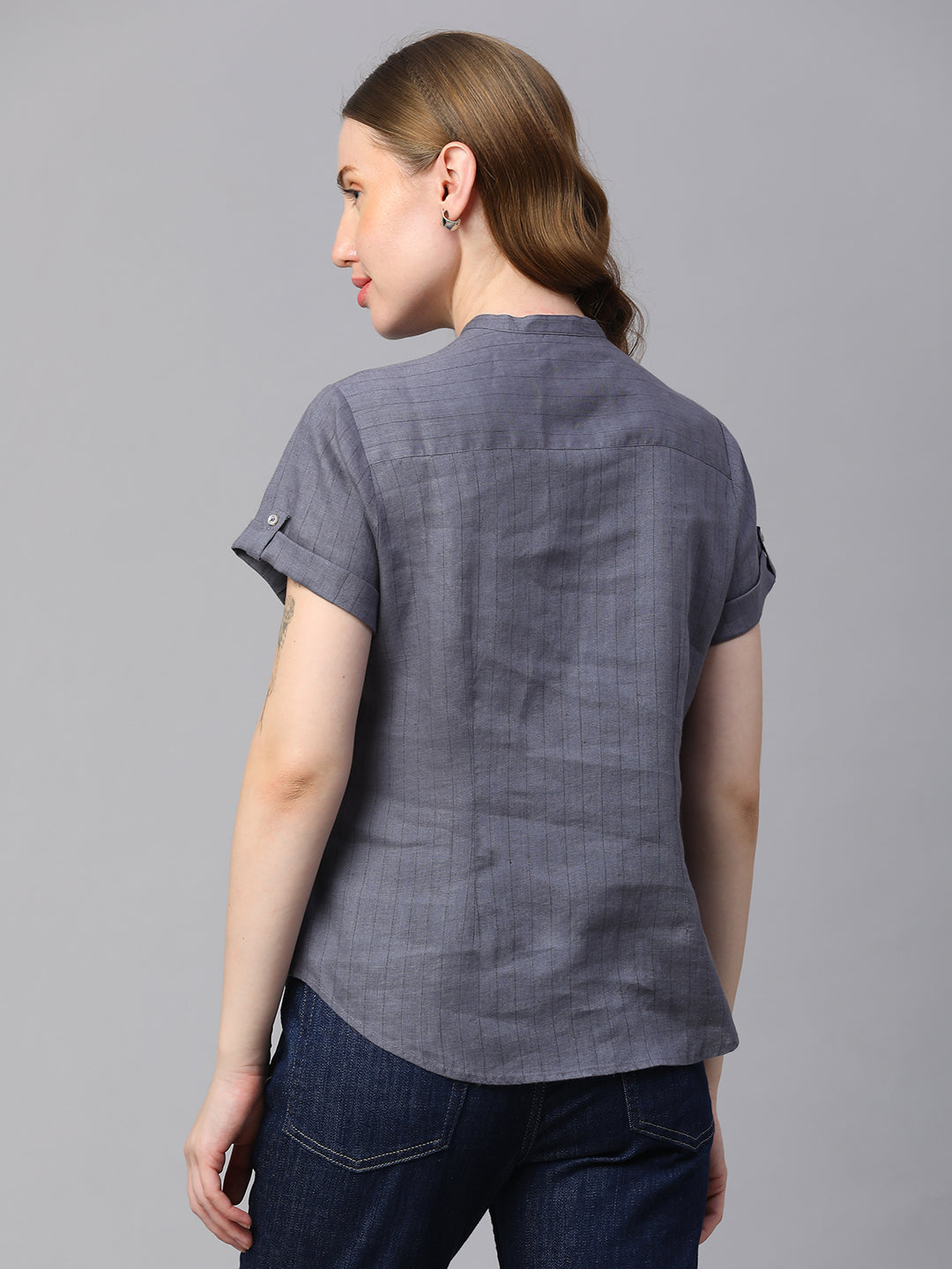 Women's Grey Linen Slim Fit Blouse