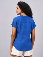 Women's Blue 100% Linen Regular Fit Blouse