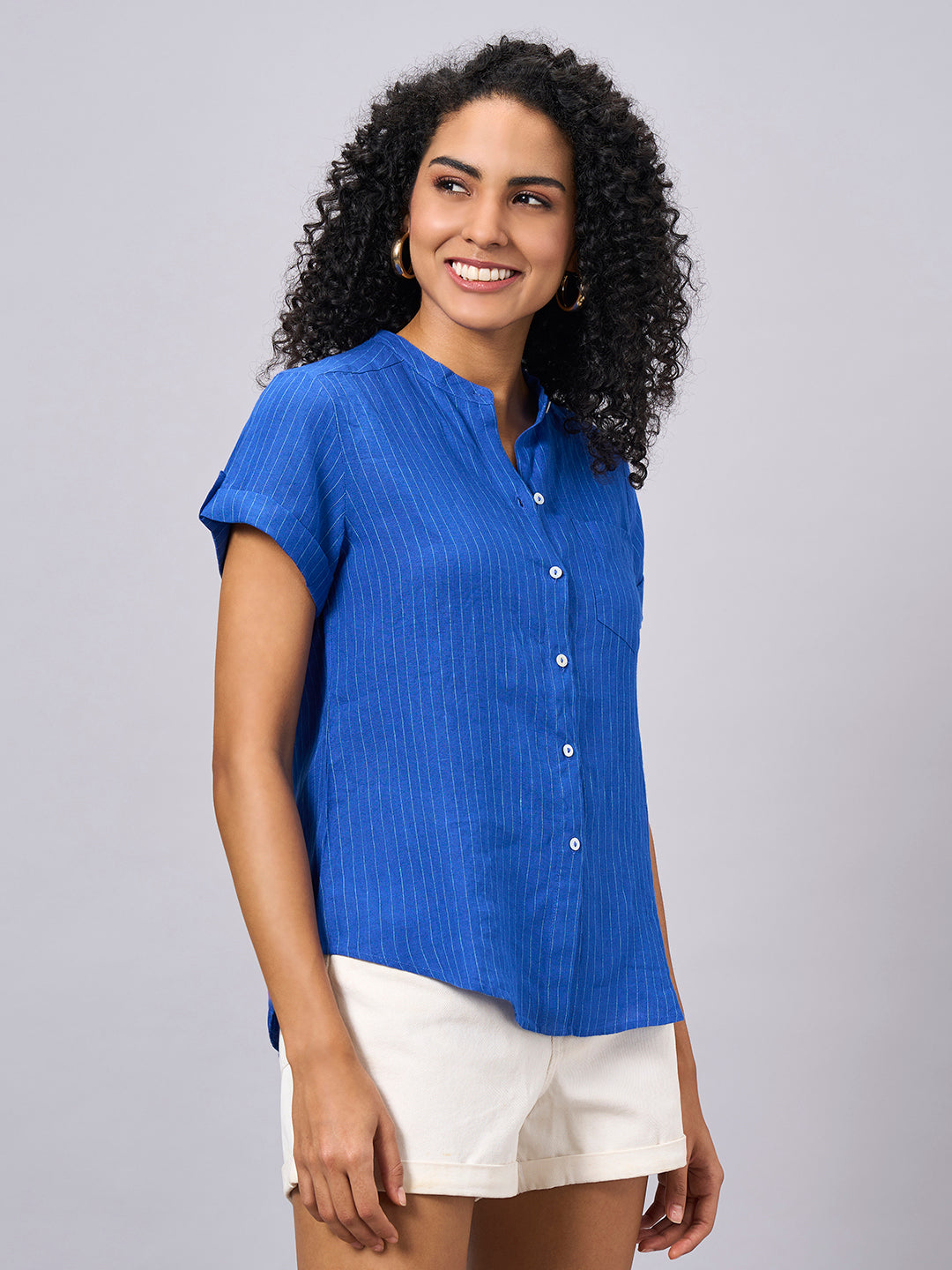 Women's Blue 100% Linen Regular Fit Blouse