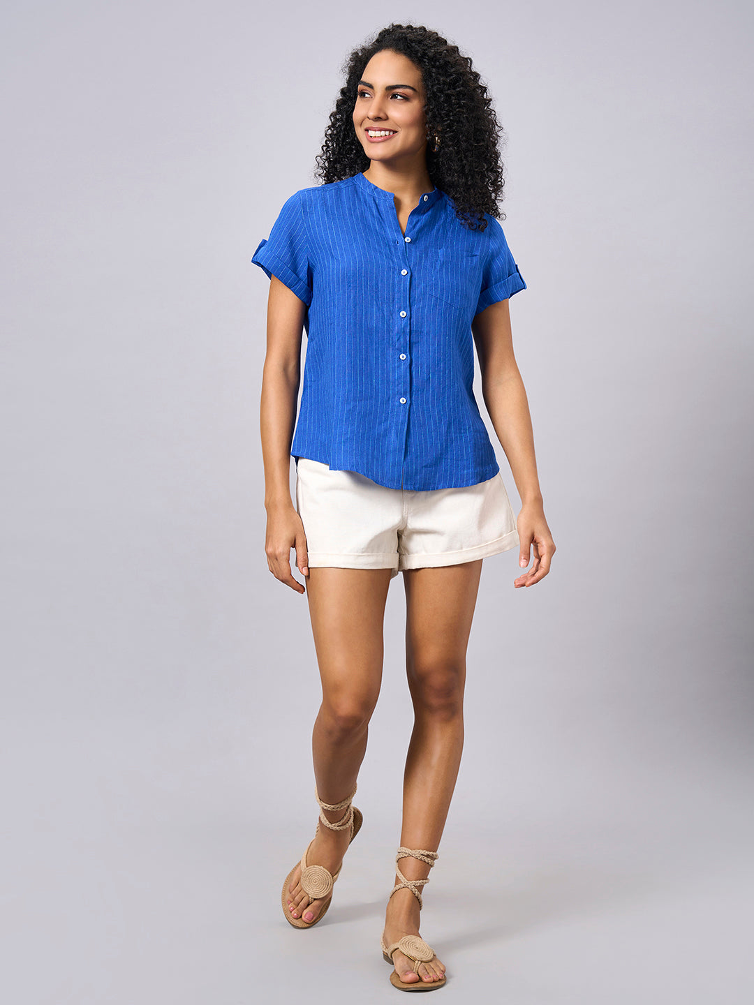 Women's Blue 100% Linen Regular Fit Blouse