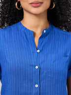 Women's Blue 100% Linen Regular Fit Blouse