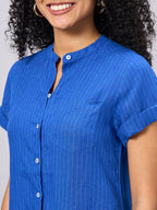 Women's Blue 100% Linen Regular Fit Blouse