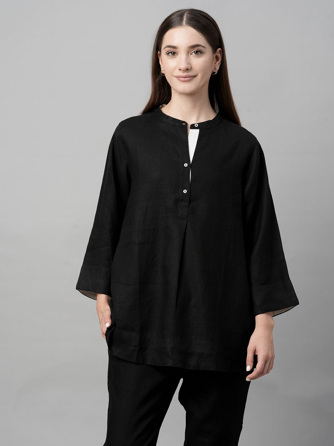 Women's Black Linen Regular Fit Blouse