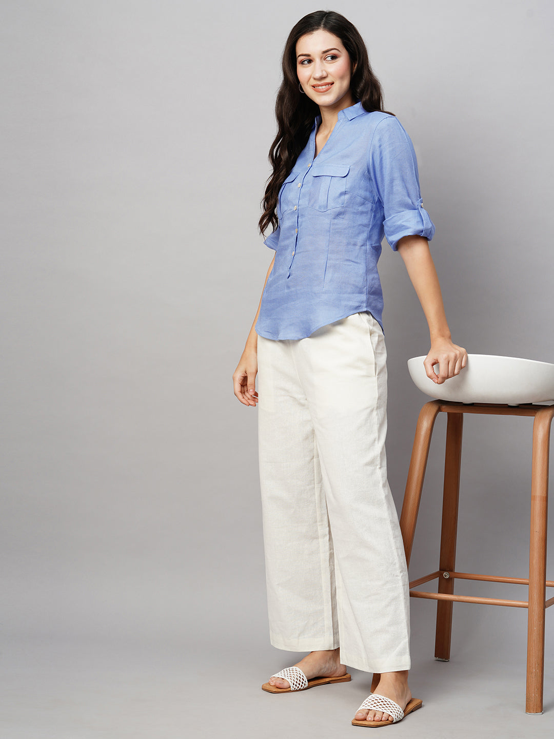 Women's Linen Cotton Blue Regular Fit Blouse