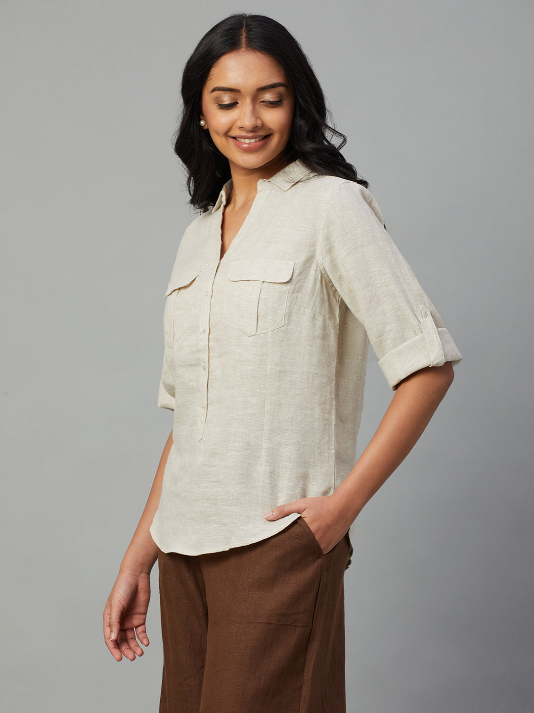 Women's Beige 100% Linen Slim Fit Blouse