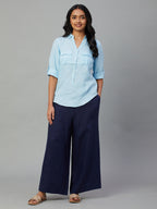 Women's Blue 100% Linen Slim Fit Blouse