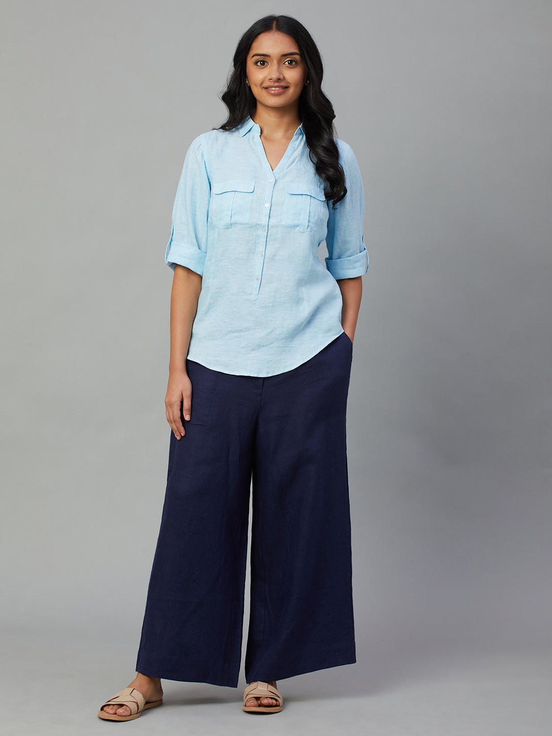 Women's Blue 100% Linen Slim Fit Blouse