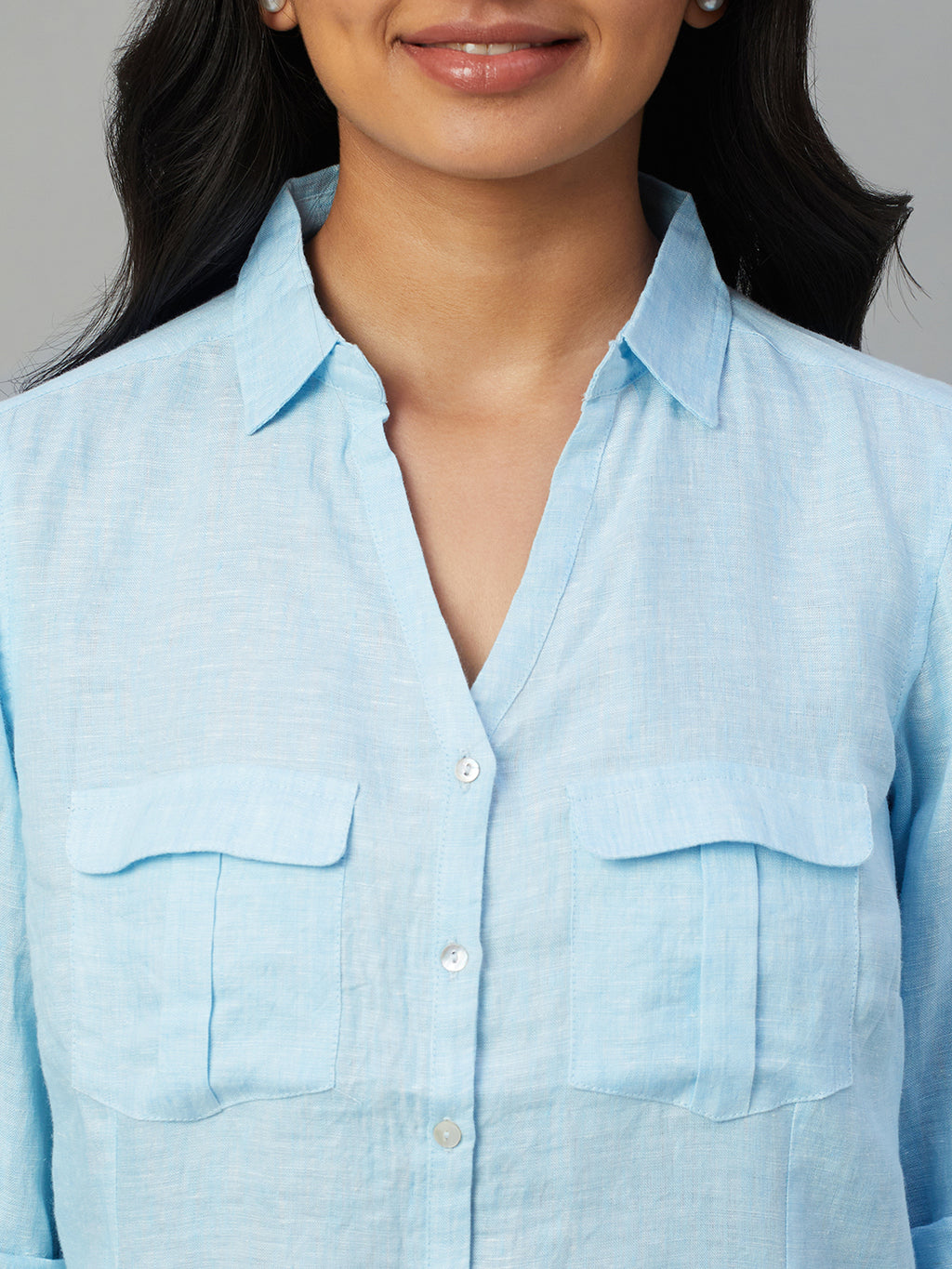 Women's Blue 100% Linen Slim Fit Blouse