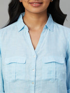 Women's Blue 100% Linen Slim Fit Blouse