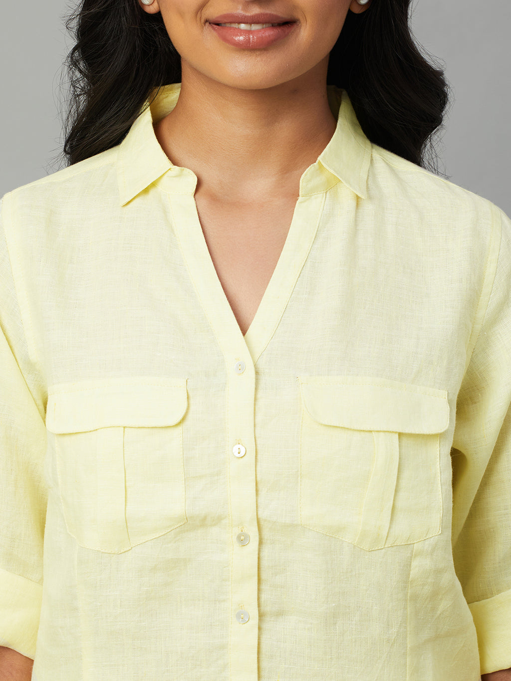 Women's Yellow 100% Linen Slim Fit Blouse