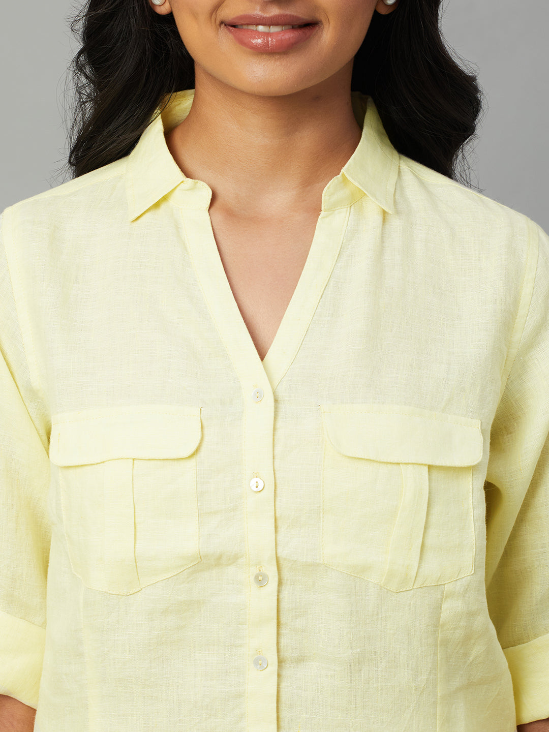 Women's Yellow 100% Linen Slim Fit Blouse