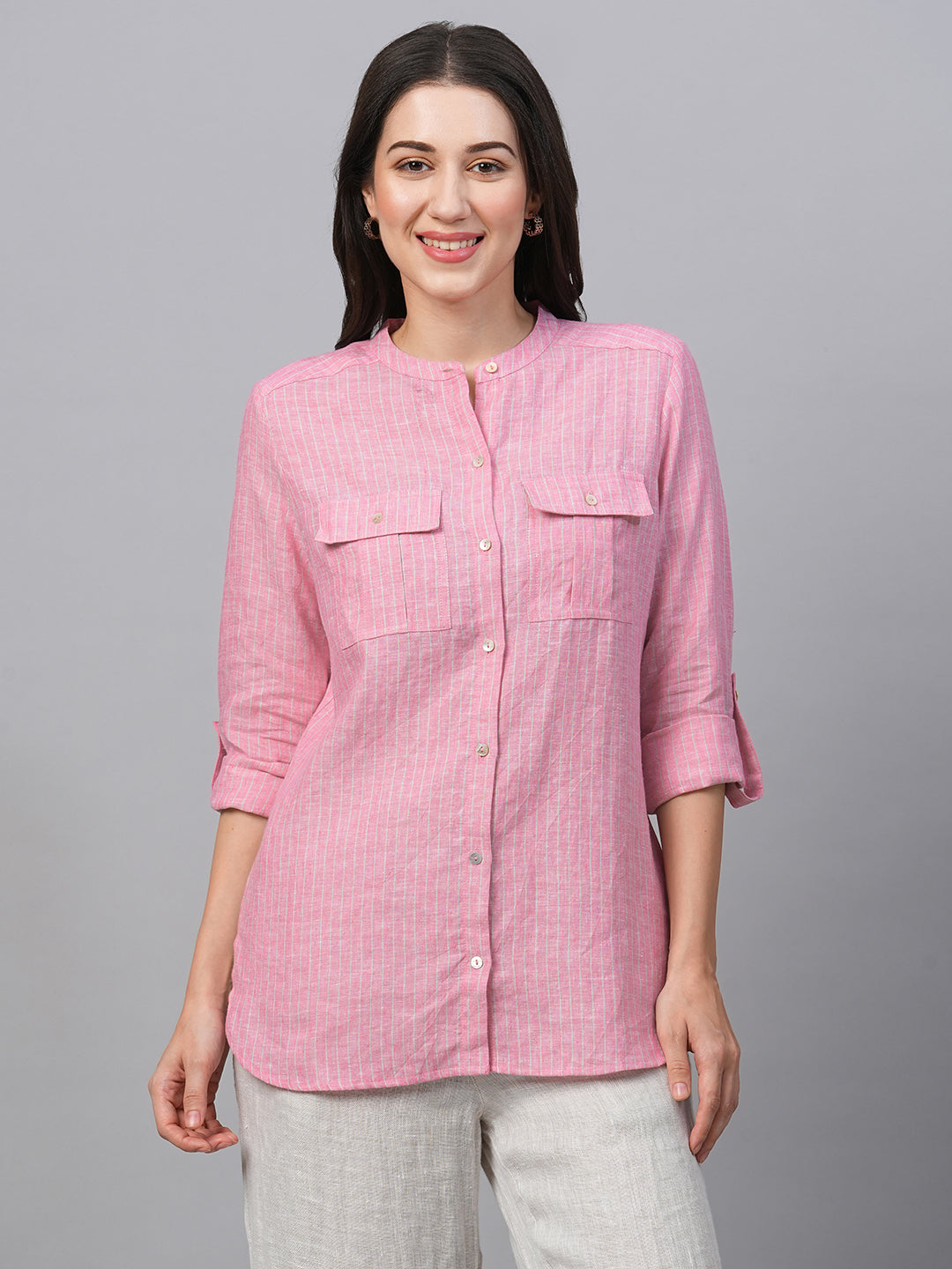 Women's Pink Linen Excel Regular Fit Blouse