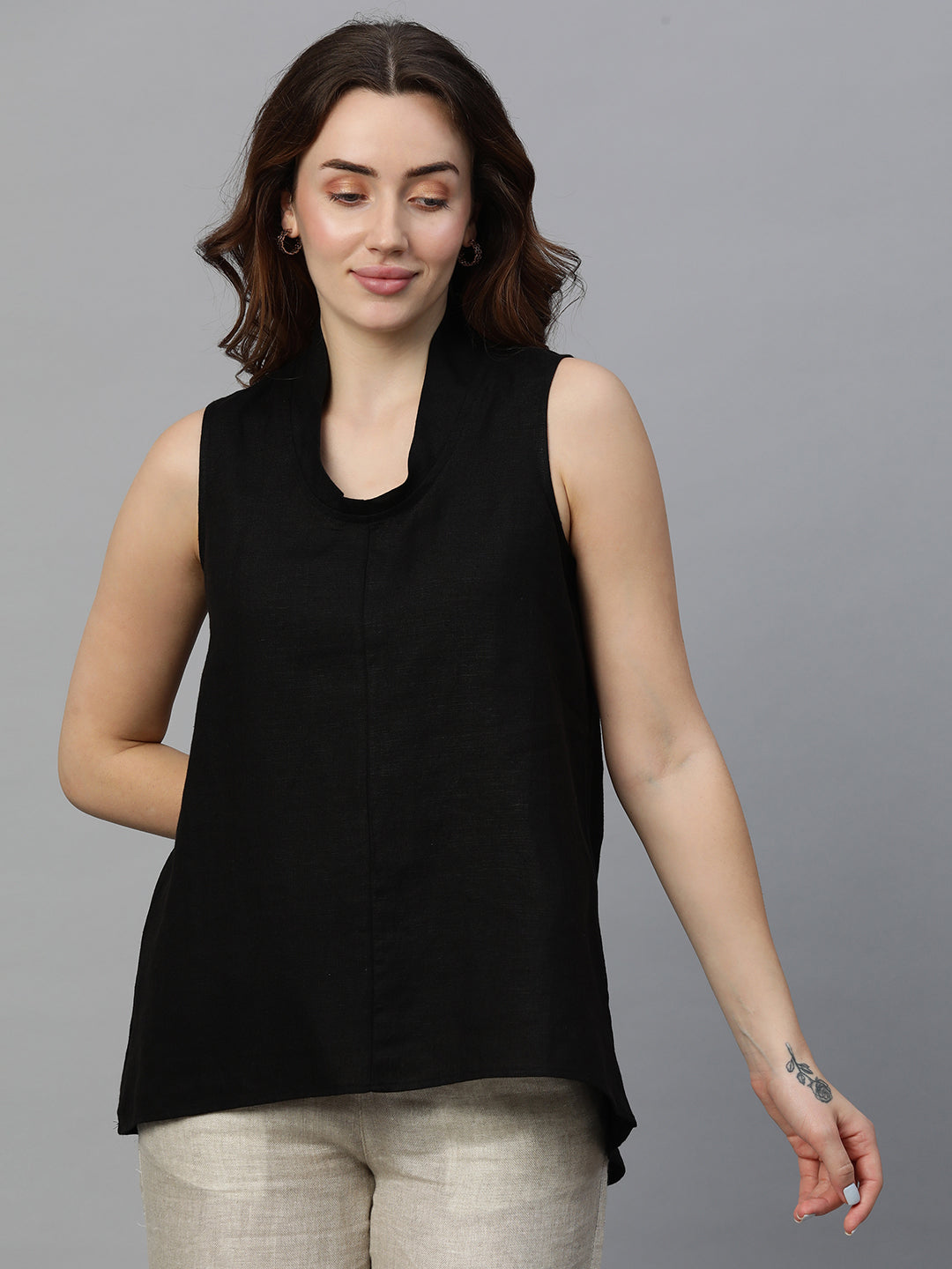 Women's Black Linen Regular Fit Blouse