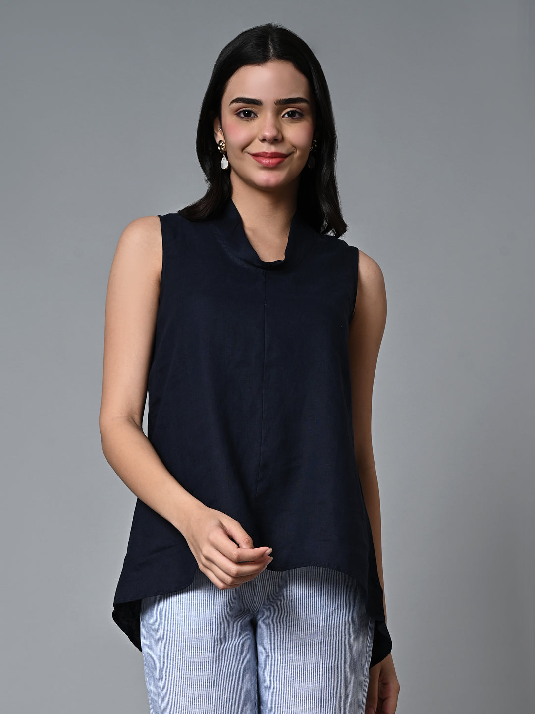 Women's Navy Linen Regular Fit Blouse