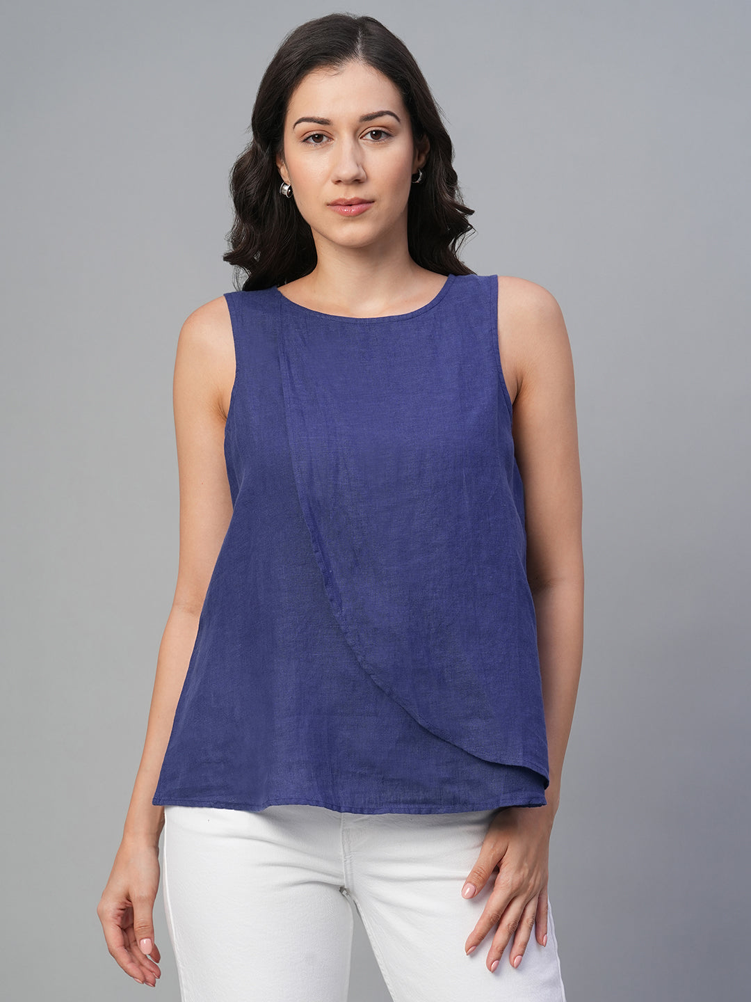 Women's Navy 100% Linen Regular Fit Blouse