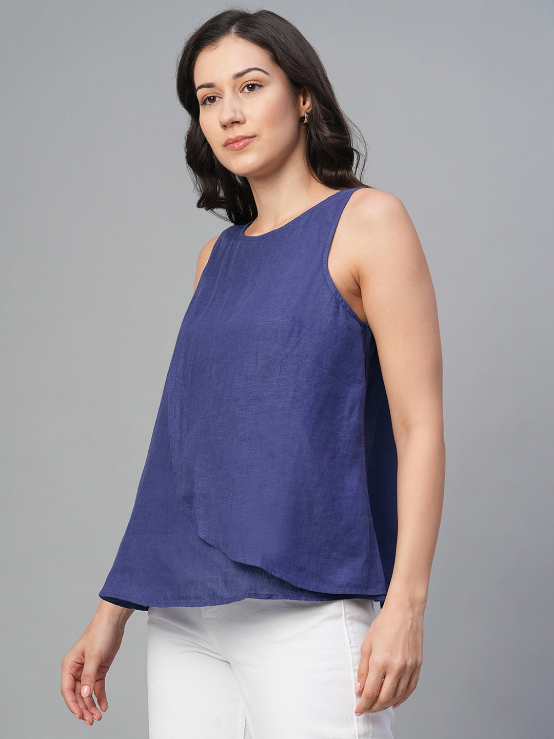 Women's Navy 100% Linen Regular Fit Blouse