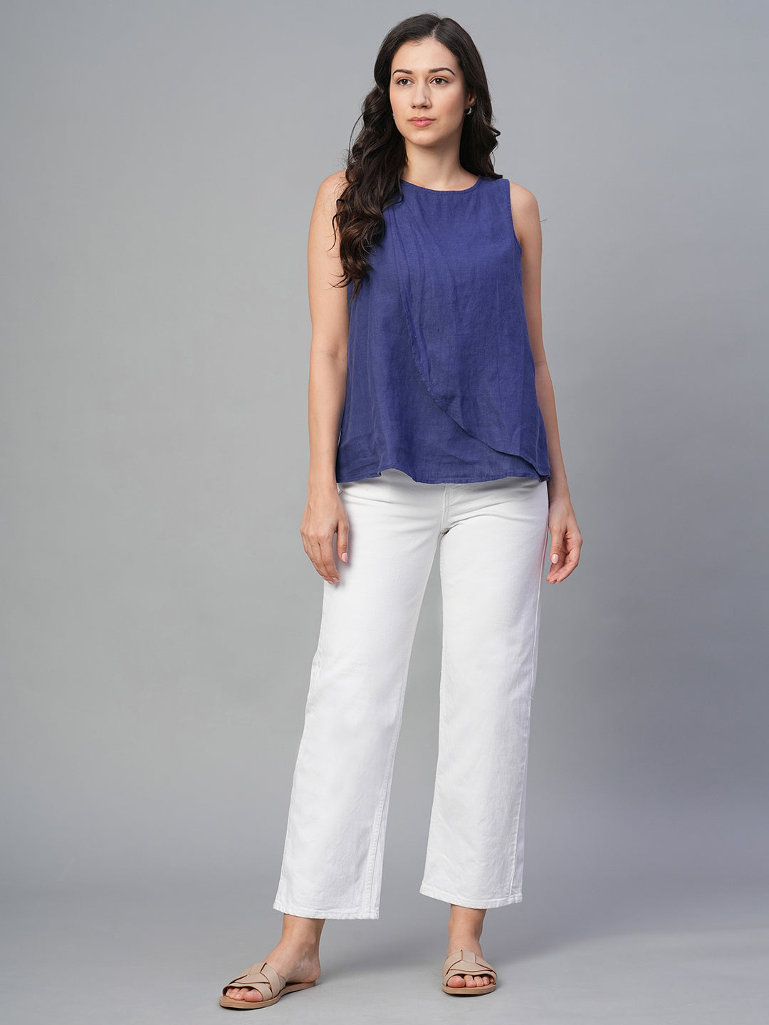 Women's Navy 100% Linen Regular Fit Blouse
