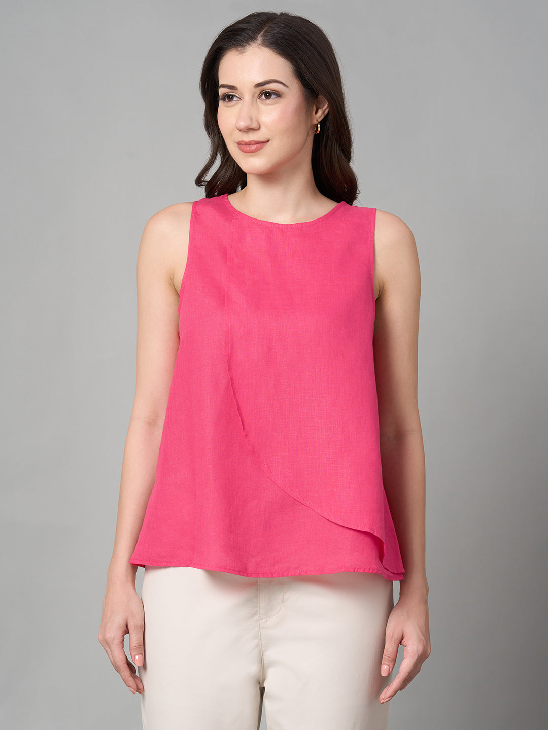 Women's Pink 100% Linen Regular Fit Blouse