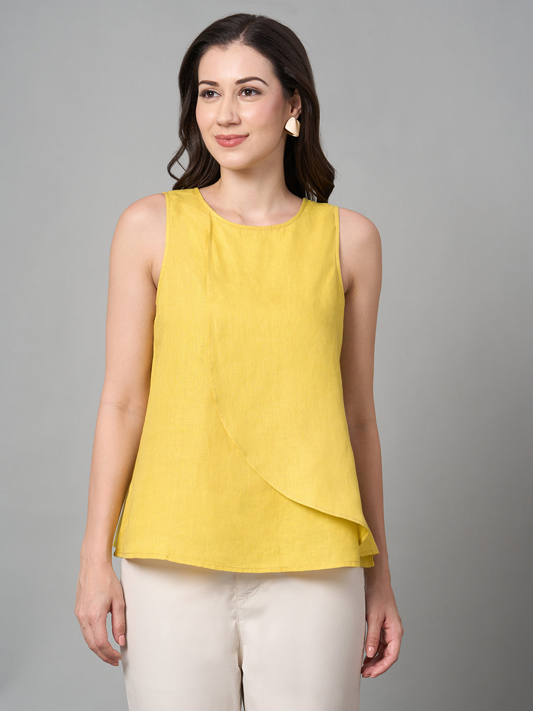 Women's Yellow 100% Linen Regular Fit Blouse