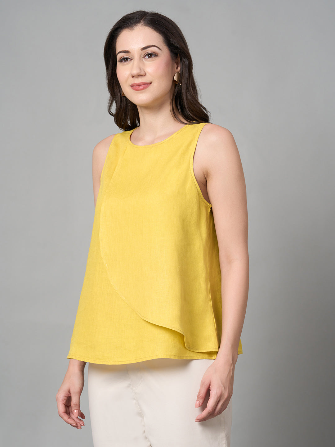 Women's Yellow 100% Linen Regular Fit Blouse