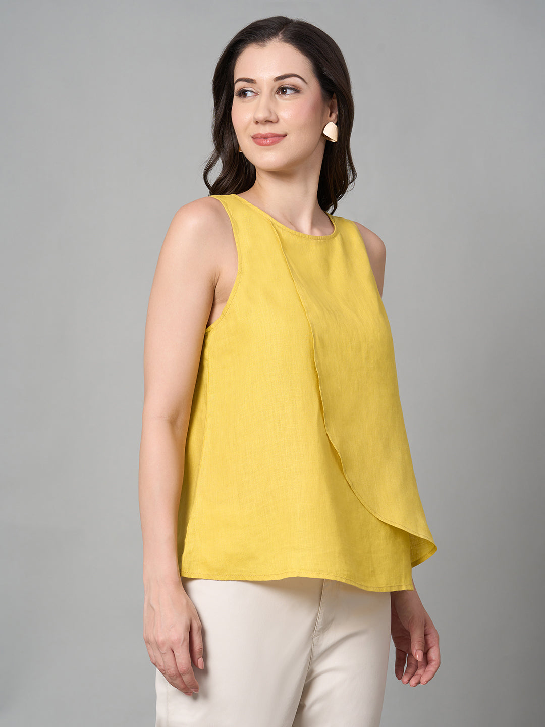 Women's Yellow 100% Linen Regular Fit Blouse