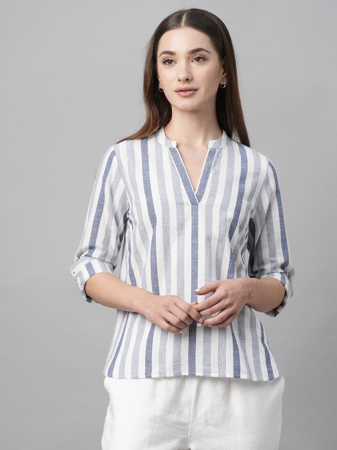 Women's Blue Cotton Linen Regular Fit Blouse