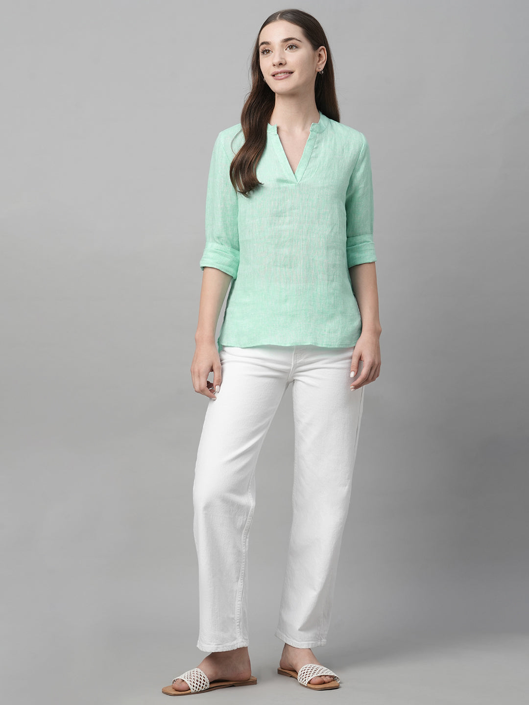 Women's Aqua Linen Regular Fit Blouse