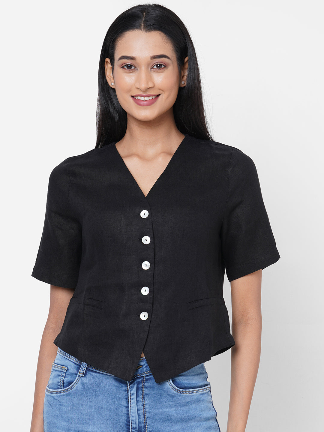 Women's Black Linen Regular Fit Blouse