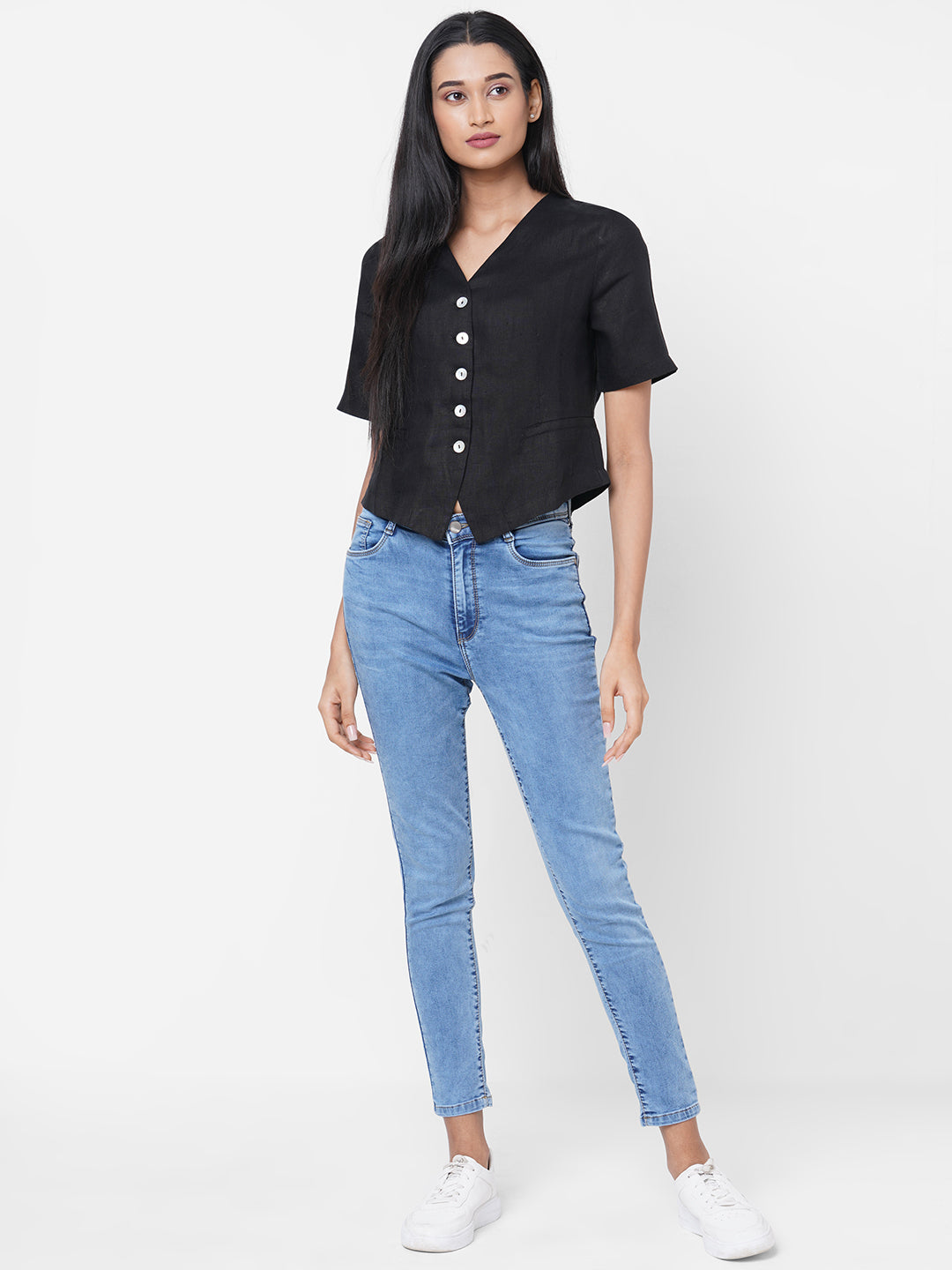 Women's Black Linen Regular Fit Blouse