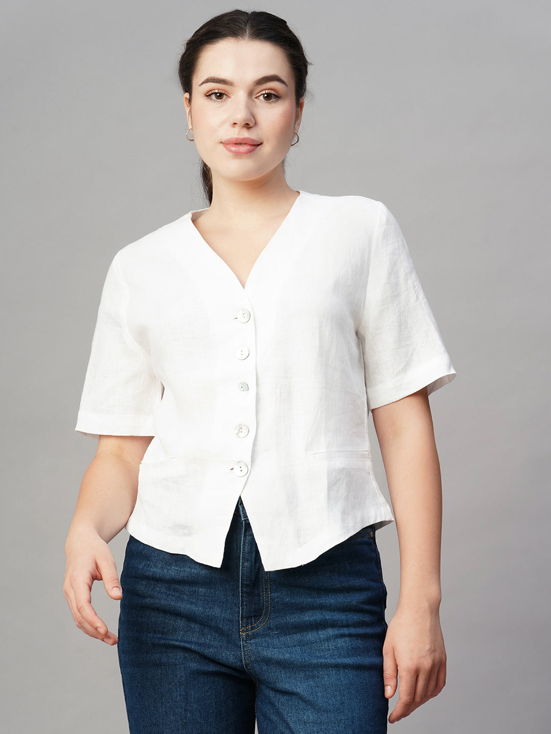 Women's White Linen Regular Fit Blouse