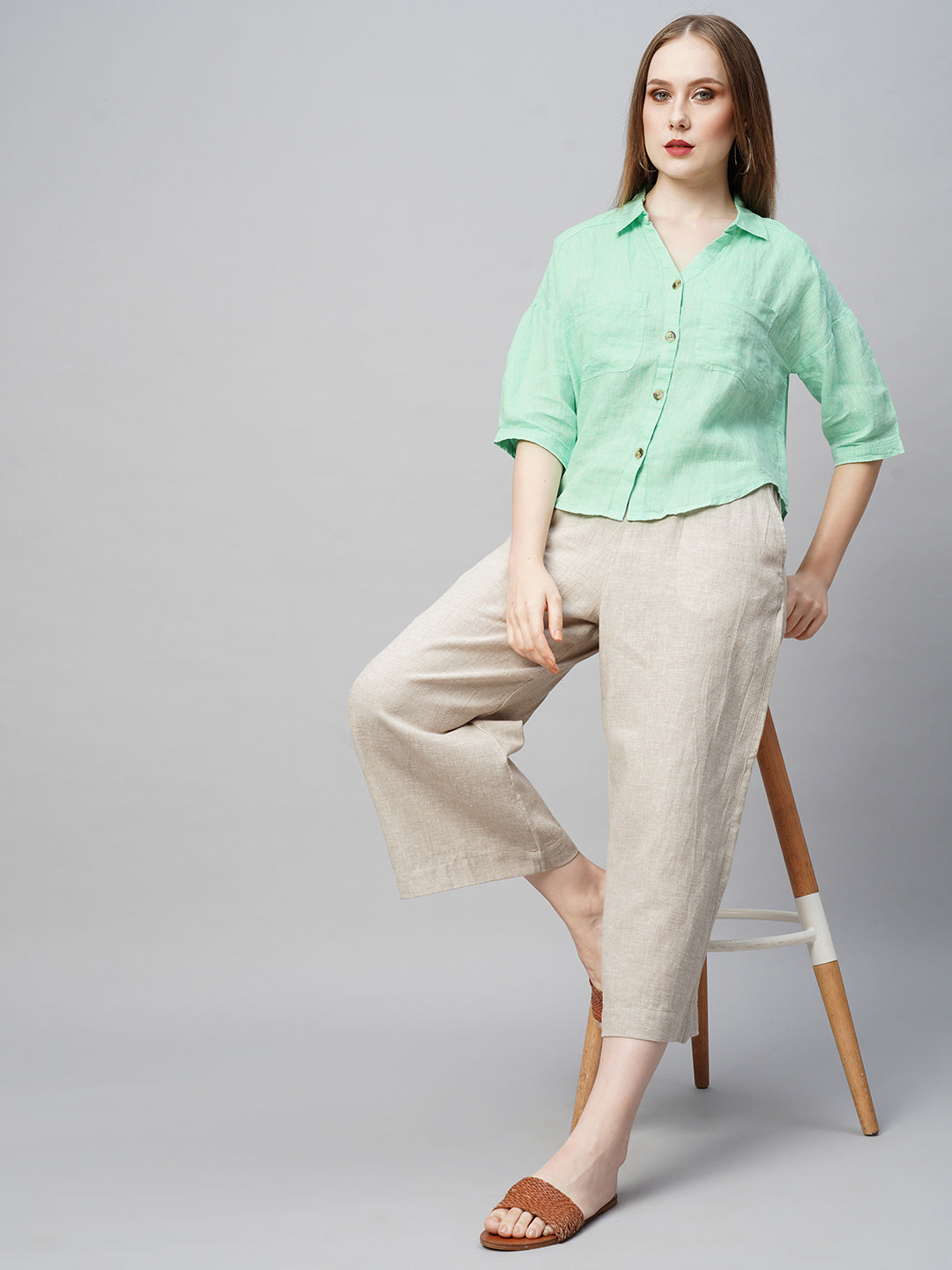 Women's Green Linen Loose Fit Blouse