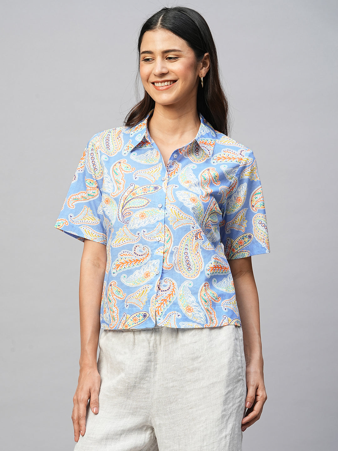 Women's Blue Cotton Regular Fit Blouse