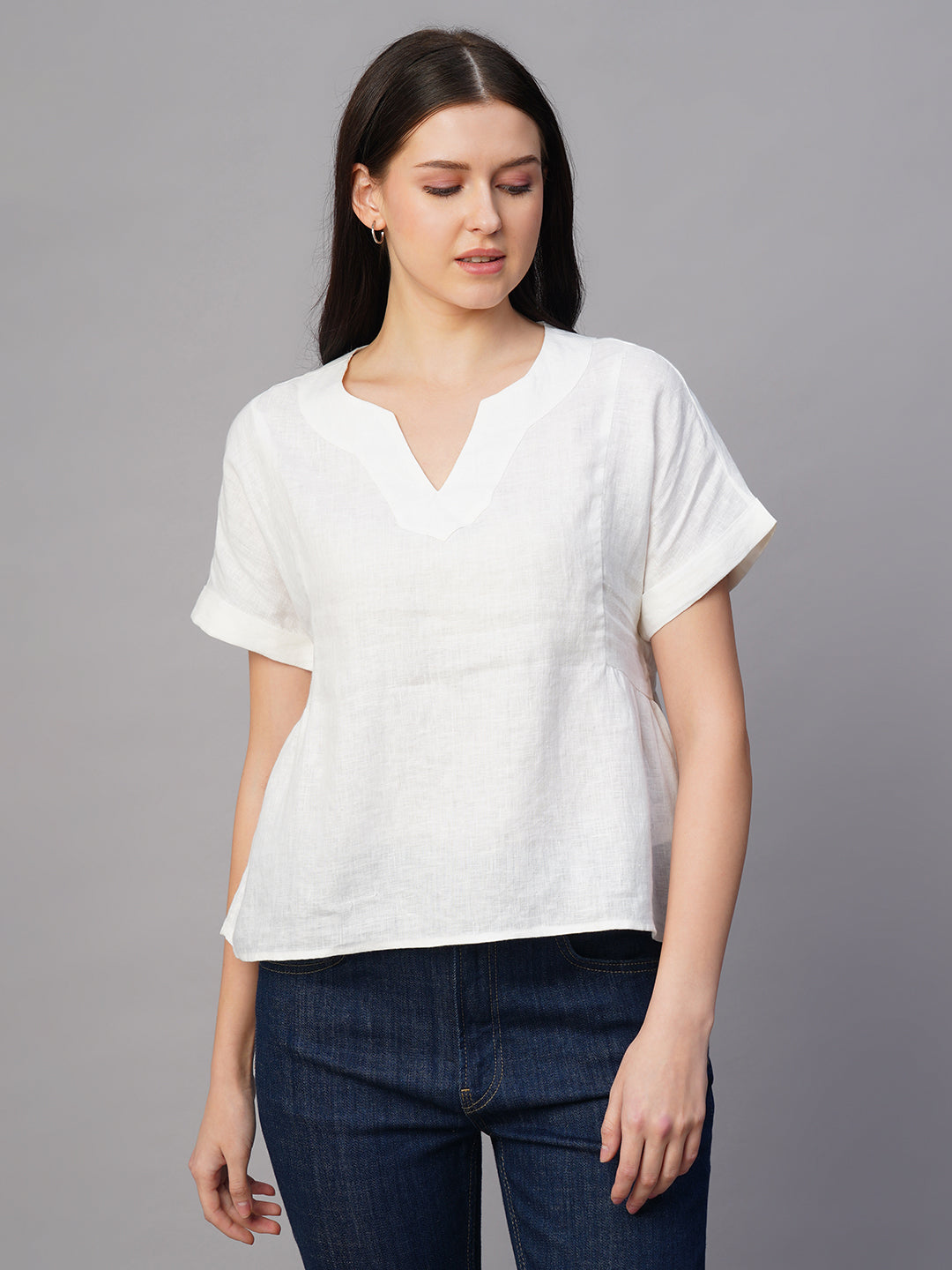 Women's White Linen Excel Regular Fit Blouse