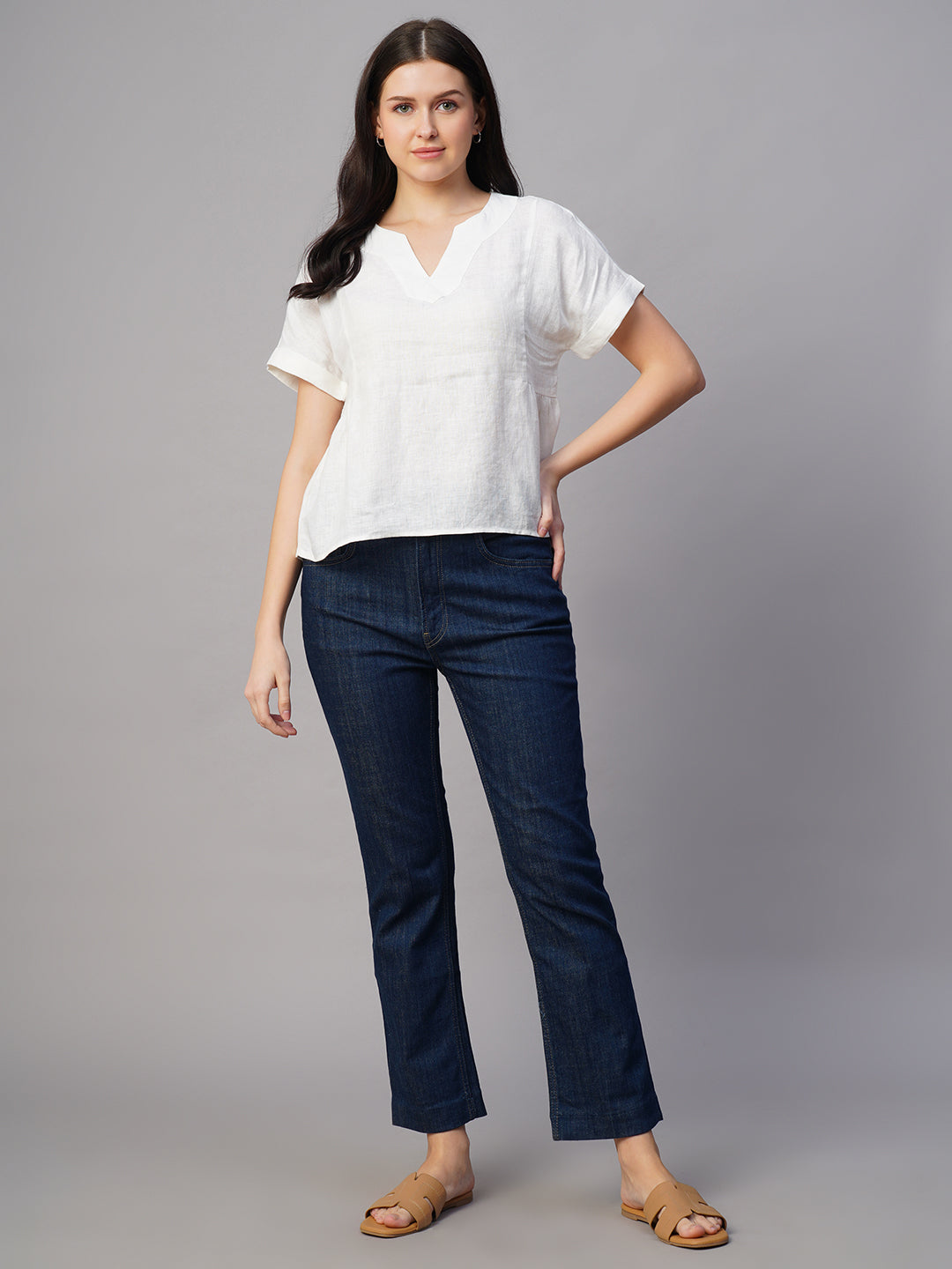 Women's White Linen Excel Regular Fit Blouse