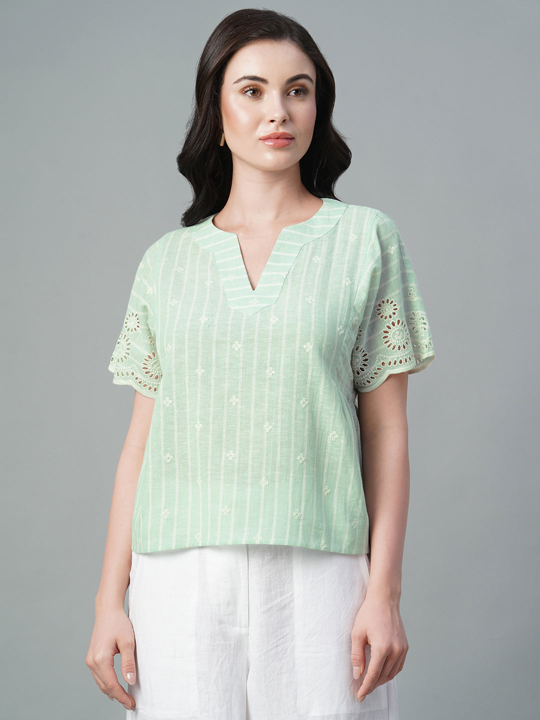 Women's Mint Cotton Flax Regular Fit Blouse