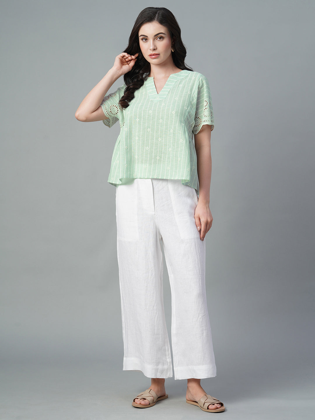 Women's Mint Cotton Flax Regular Fit Blouse