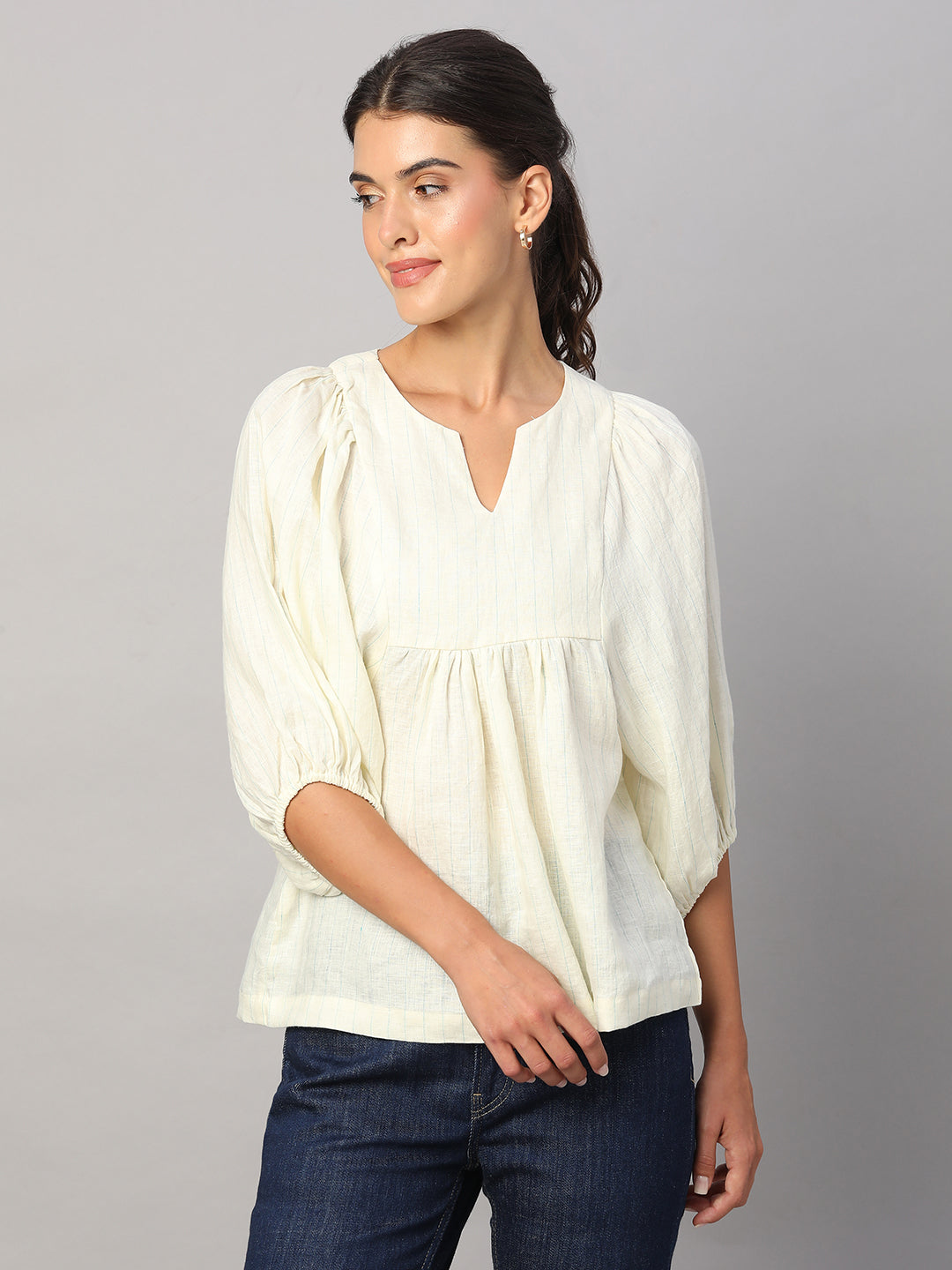 Women's Beige 100% Linen Regular Fit Blouse