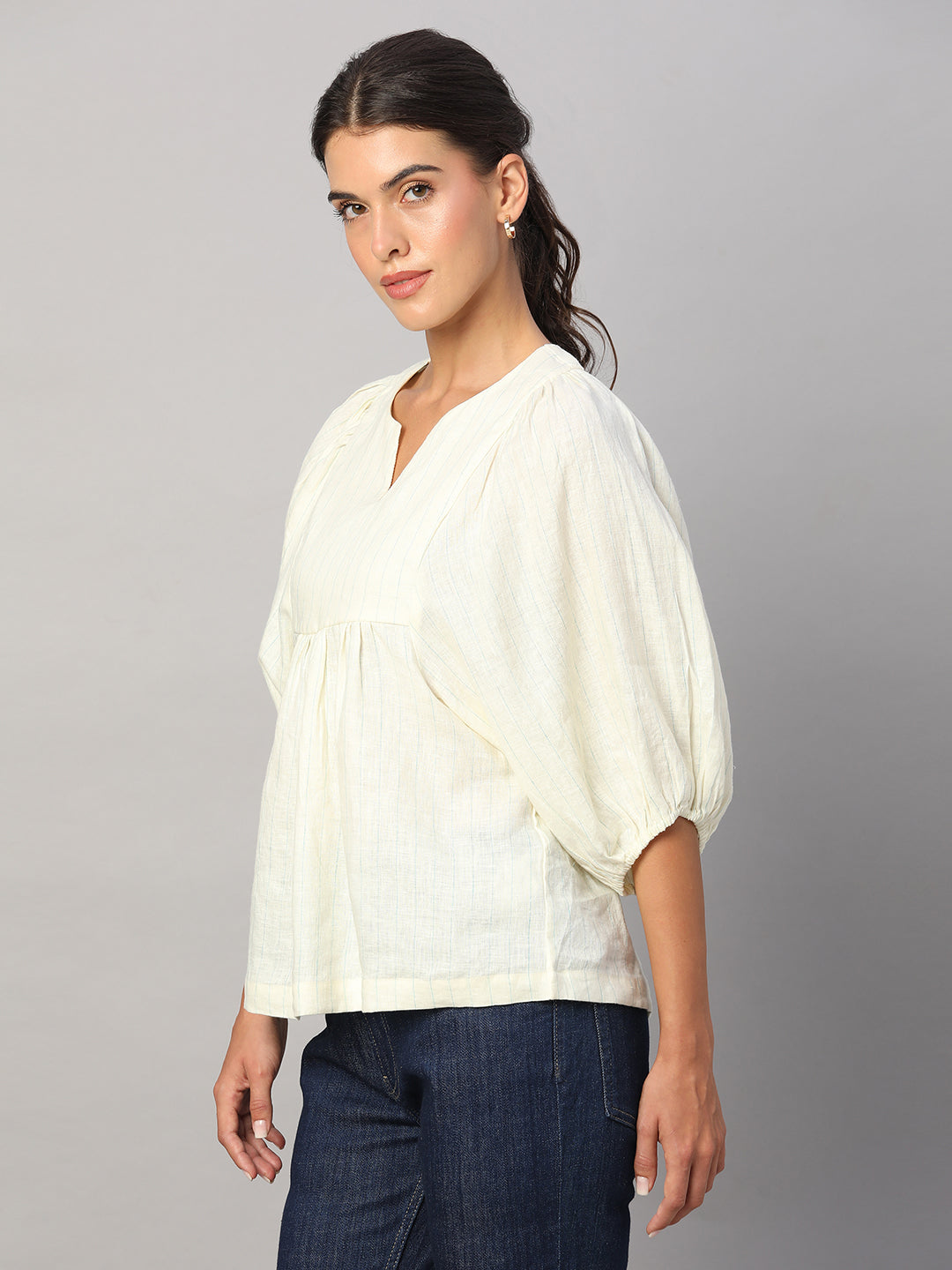 Women's Beige 100% Linen Regular Fit Blouse