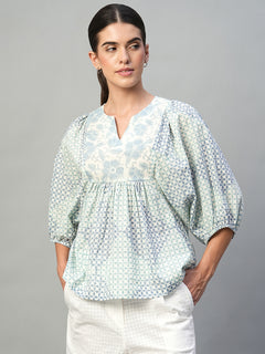 Women’s Cotton Regular Fit Printed Balloon Sleeve Blouse Blue