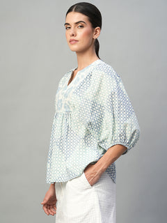 Women’s Cotton Regular Fit Printed Balloon Sleeve Blouse Blue