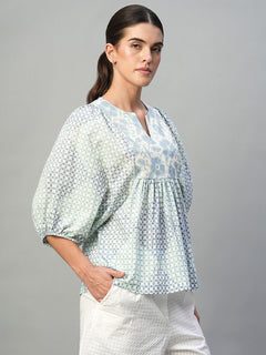 Women’s Cotton Regular Fit Printed Balloon Sleeve Blouse Blue