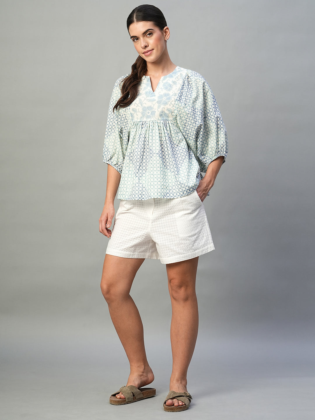 Women's Blue 100% Cotton Regular Fit Blouse