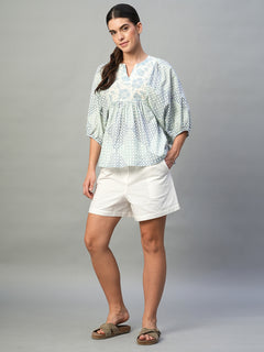 Women’s Cotton Regular Fit Printed Balloon Sleeve Blouse Blue