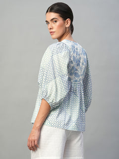 Women’s Cotton Regular Fit Printed Balloon Sleeve Blouse Blue