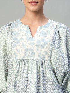 Women’s Cotton Regular Fit Printed Balloon Sleeve Blouse Blue