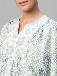 Women’s Cotton Regular Fit Printed Balloon Sleeve Blouse Blue