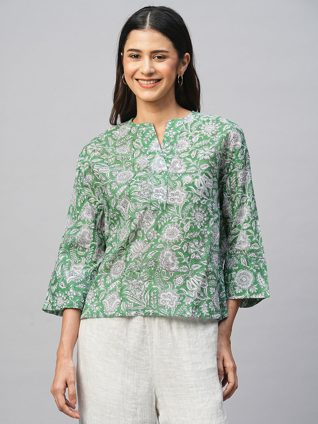 Women's Green Cotton Boxy Fit Blouse