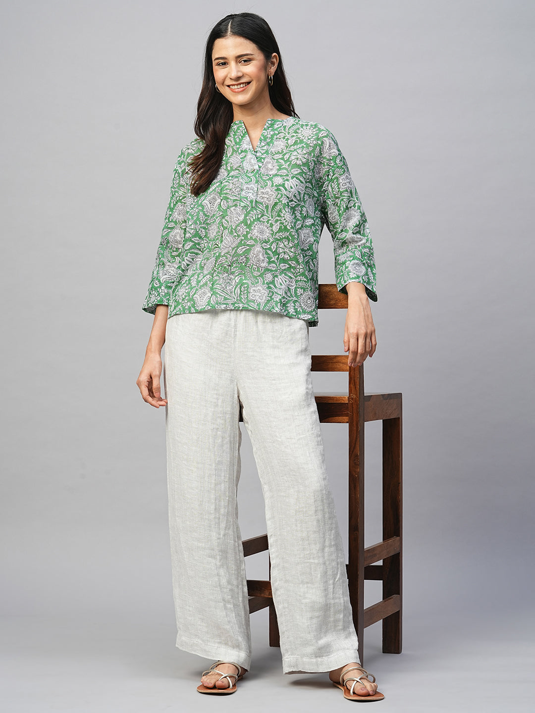 Women's Green Cotton Boxy Fit Blouse