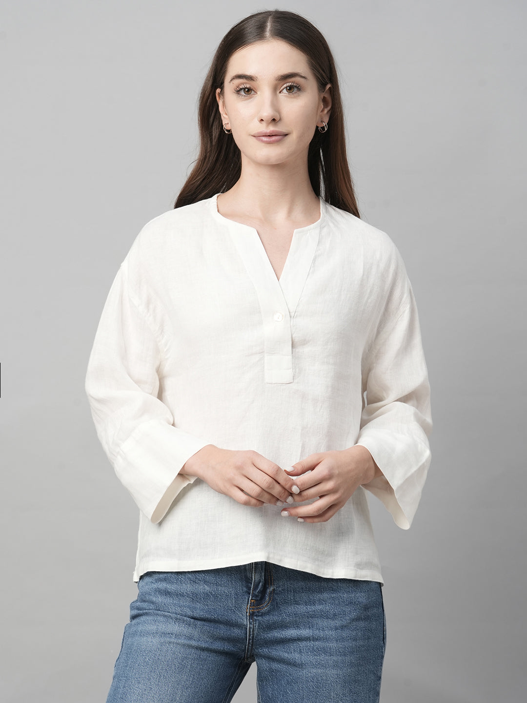 Women's White Linen Boxy Fit Blouse